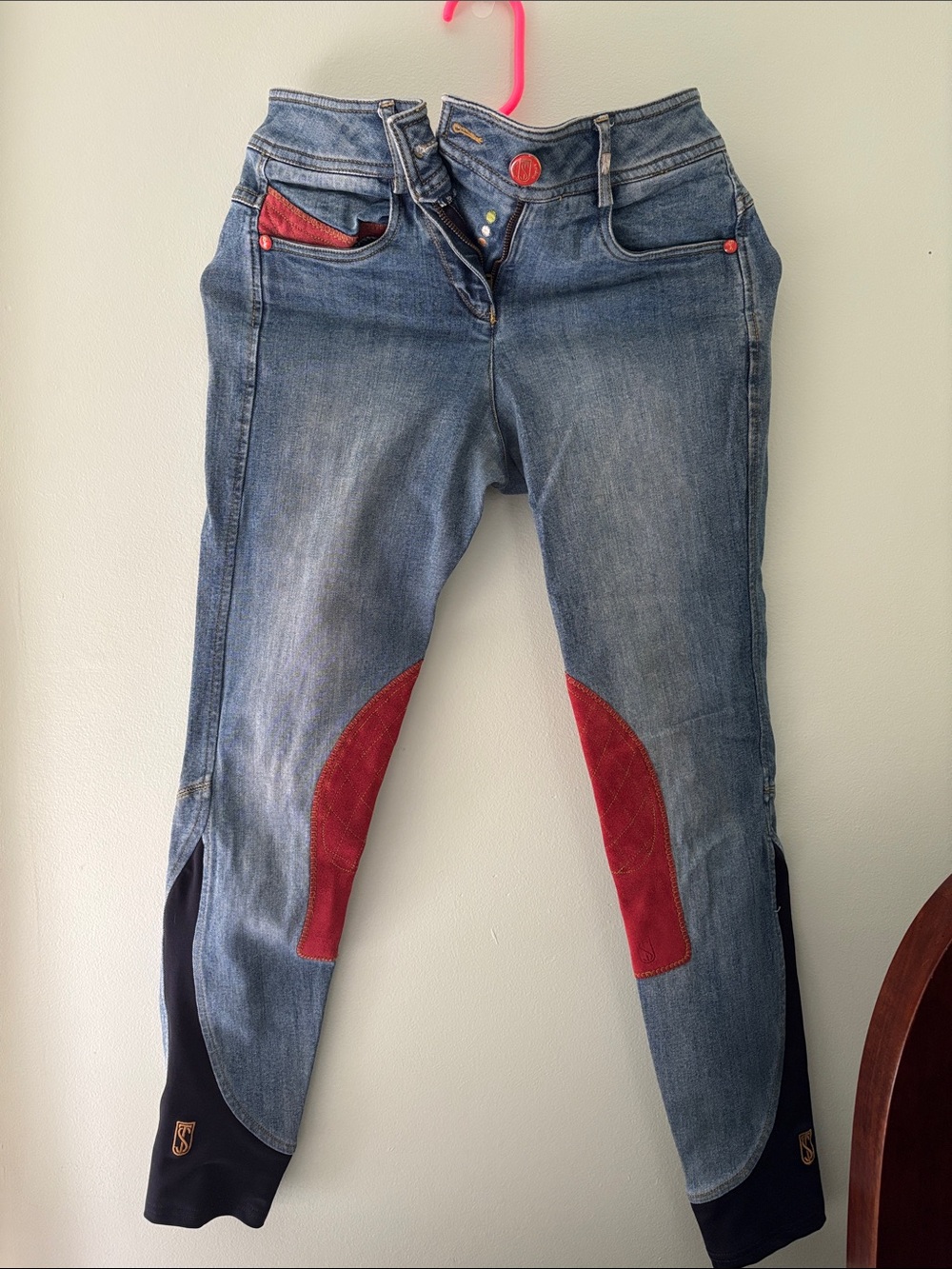 Skinny Riding Jeans with Red Suede Knee & Pocket Accents